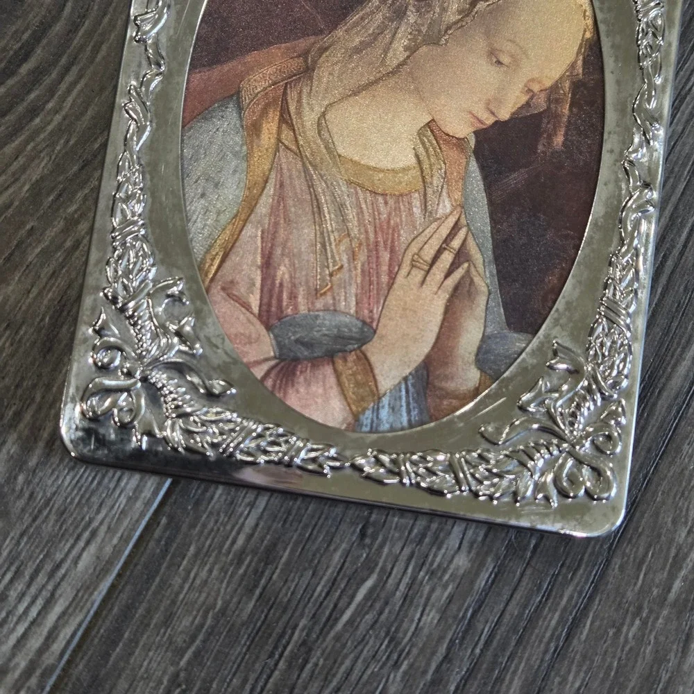 Vintage Religious Mary Framed Art Iridescent Prismatic‎ Silver Plated Ornate